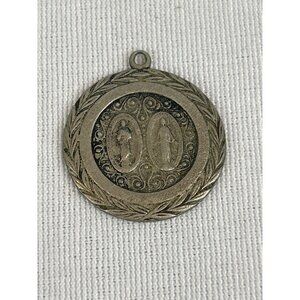Vintage Religious Medallion Pendant Dual Saints Silver Tone